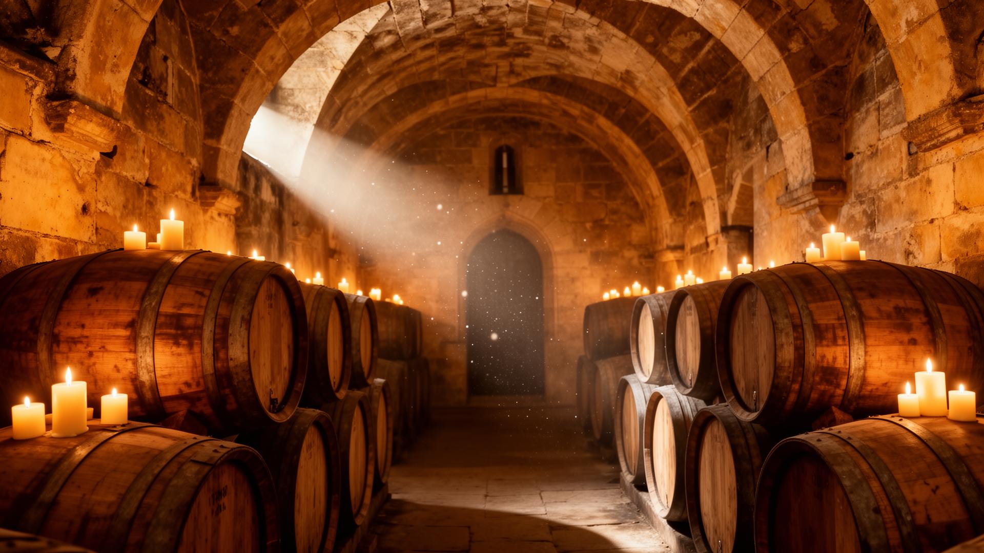 Ancient candlelit stone vaulted wine cellar with oak barrels