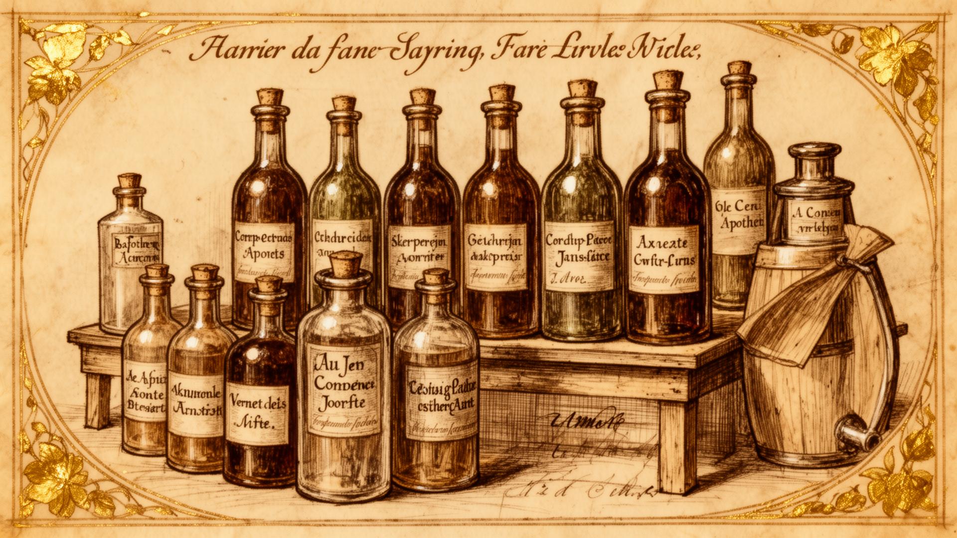 Antique apothecary-style display of rare bottles