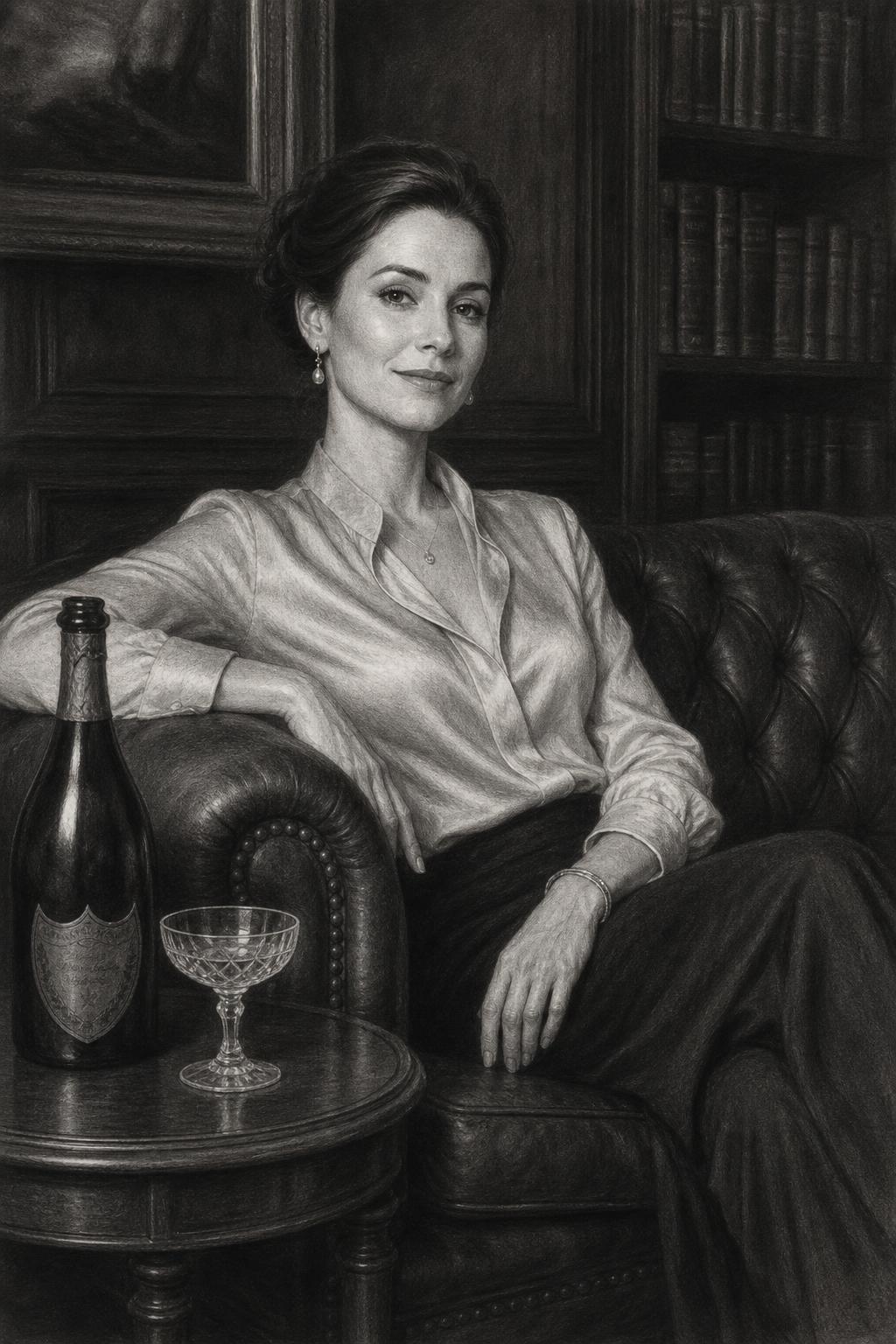 Black and white portrait drawing of Miss Helena, founder of VineMalt Club, seated in a leather salon with a vintage champagne bottle