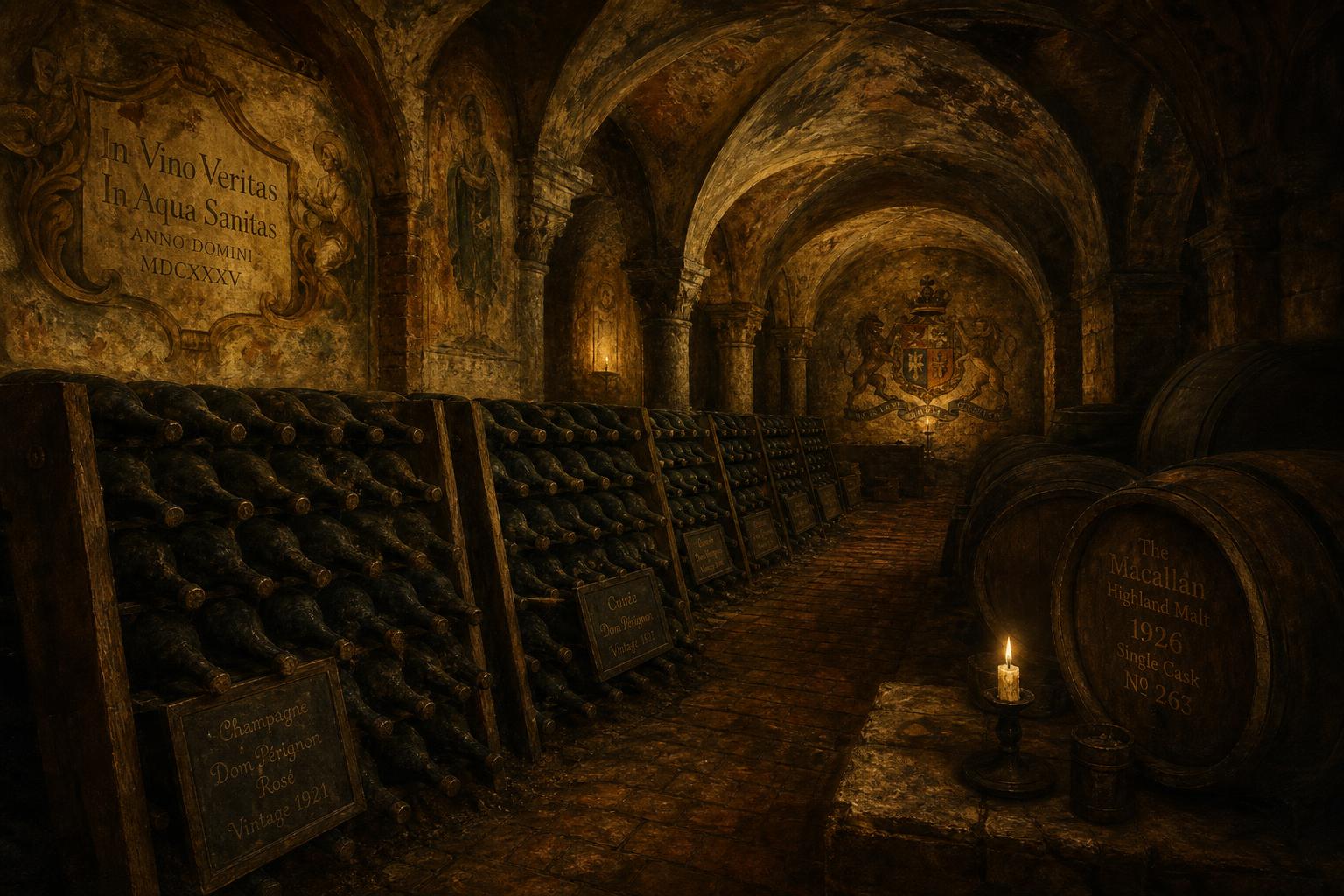 Ancient stone vaulted cellar with champagne bottles and whisky casks in golden candlelight